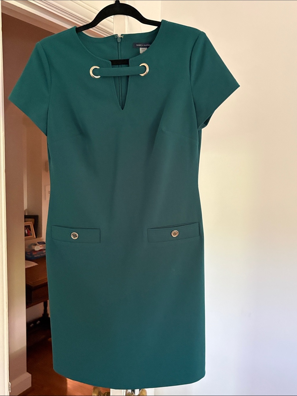 Tommy Hilfiger Teal Short-Sleeve Midi Dress with Grommet Detail